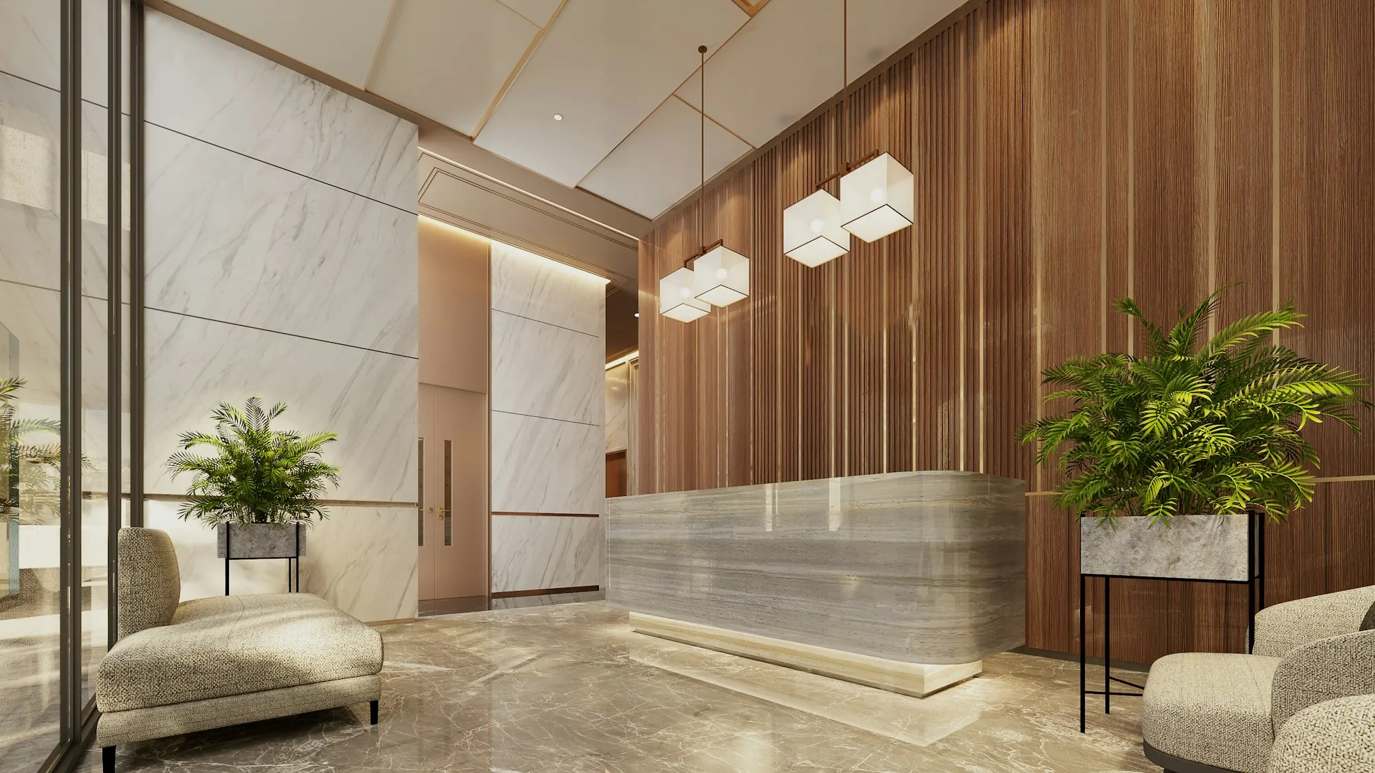 Hotel-style lobby with a reception desk and wood paneling